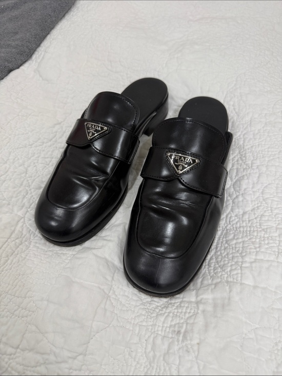Prada Shoes - Prada Black Leather Slip-On Mule Loafers with Triangle Logo